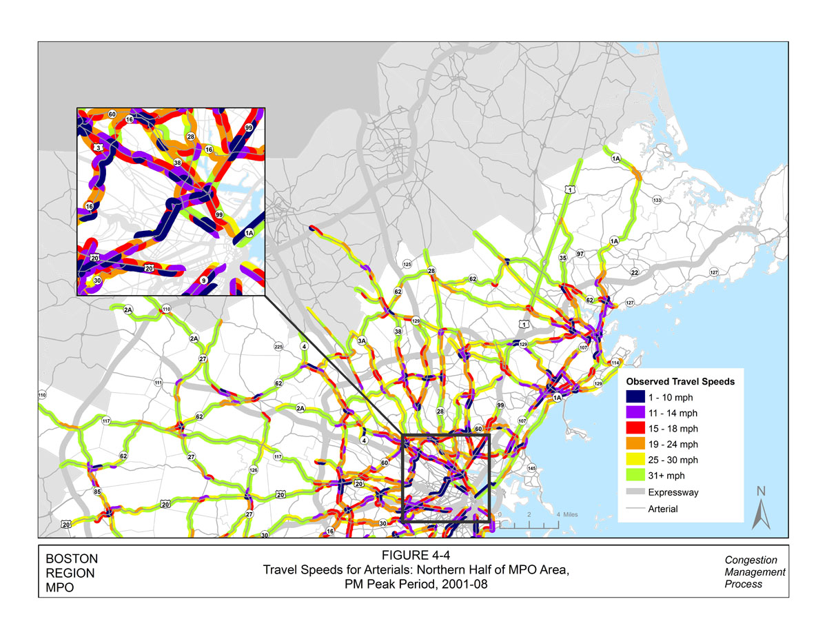 This figure displays the PM peak-period travel speeds for arterials in the northern half of the MPO area. The data for this map were collected between 2001 and 2008. The roadway links are color-coded to show their observed travel speeds. Speeds of 1 to 10 miles per hour speeds are indicated in dark blue, 11 to 14 miles per hour speeds are indicated in purple, 15 to 18 miles per hour speeds are indicated in red, 19 to 24 miles per hour is indicated in orange, 25 to 30 miles per hour is indicated in yellow, and any speed indicated in green is at least 31 miles per hour. There is an inset map that displays the travel speeds for the inner core section of the Boston region.